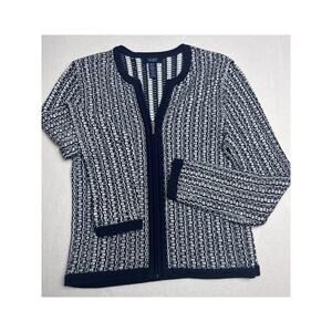 Chaps Women's Full Zip Long Sleeve Navy Blue White Striped Sweater Cardigan Sz M